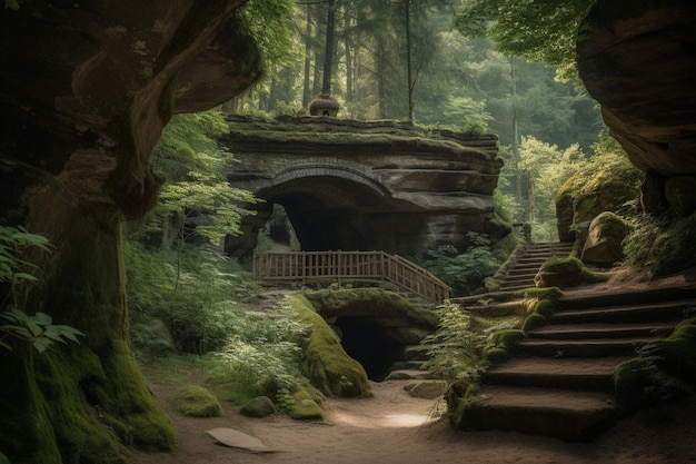 Una scena nella foresta con una scala che conduce a una grotta con un ponte sullo sfondo.