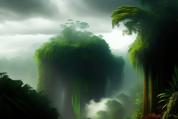 Una scena nella giungla con un albero in primo piano e un cielo nuvoloso sullo sfondo.