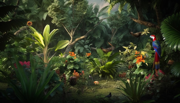Una scena nella giungla con un uccello sull'albero