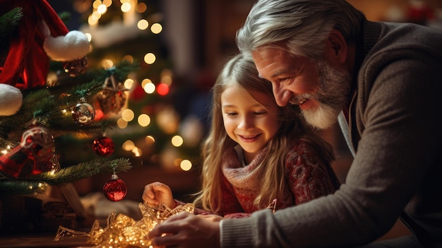 una scena nostalgica di una famiglia riunita attorno a un albero di Natale splendidamente decorato