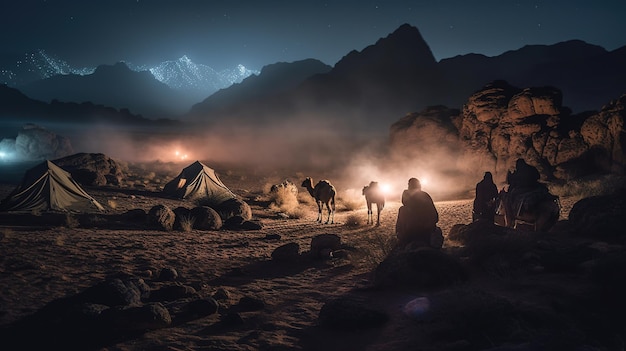 Una scena notturna con un accampamento sullo sfondo e alcune persone su un cammello davanti a una montagna.