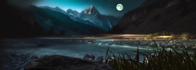 Una scena notturna con un lago e montagne sullo sfondo