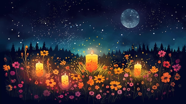 Una scena notturna con una candela in mezzo ai fiori.