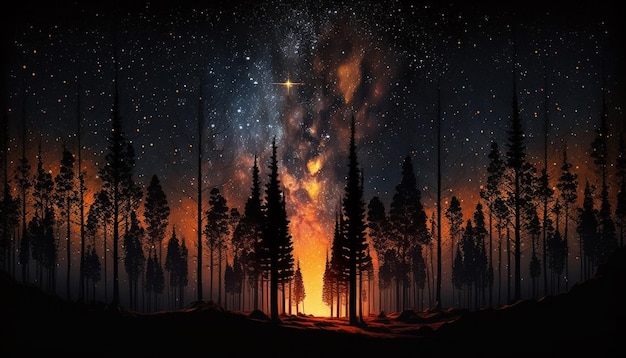 Una scena notturna con una foresta e un cielo stellato