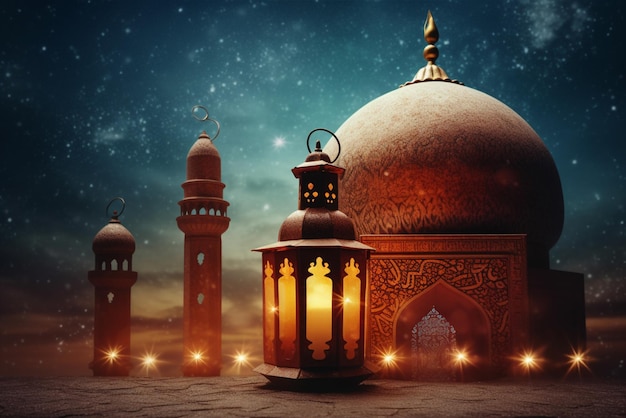 Una scena notturna con una moschea e luci Ramadan Eid Ul Fitr Generative ai