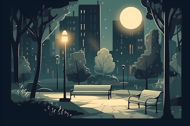 Una scena notturna con una panchina e la luna piena.