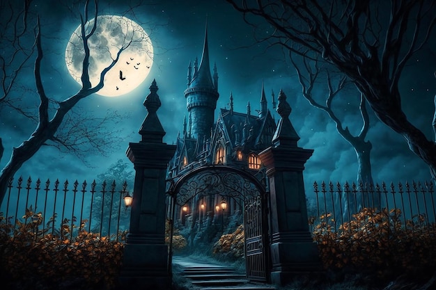 Una scena notturna di Halloween con un castello e un cimitero spettrale.