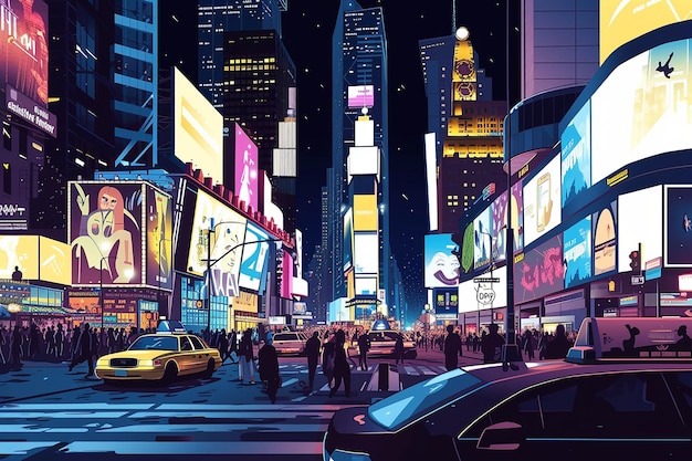 una scena notturna di una città trafficata con persone che camminano e un taxi