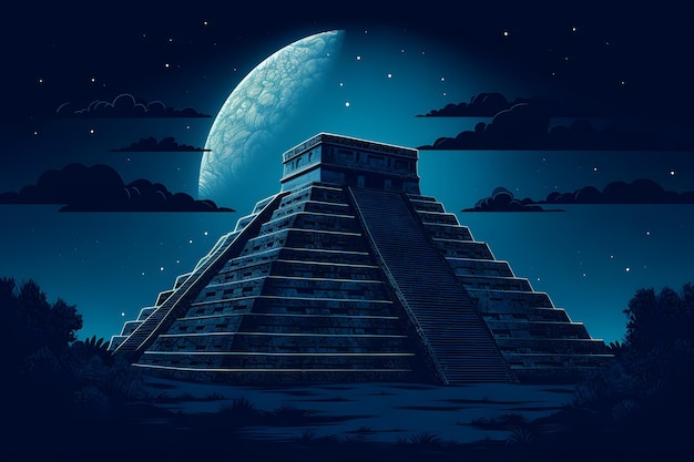 una scena notturna di una piramide maya