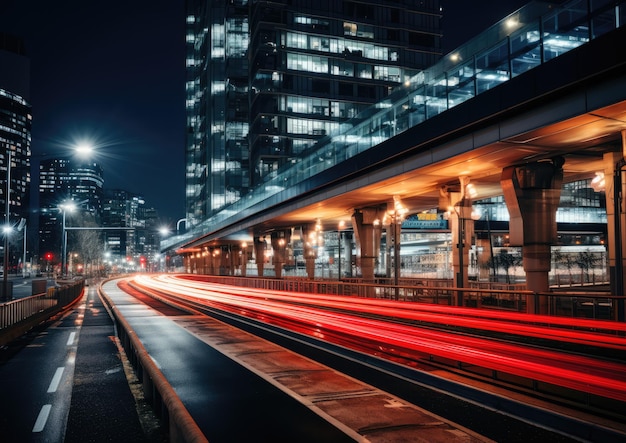 Una scena notturna di veicoli autonomi che navigano senza soluzione di continuità attraverso una rete di infrastrutture smart city