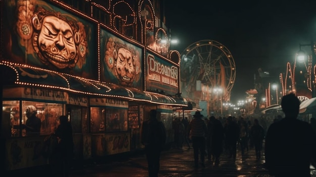 Una scena notturna oscura con un cartello che dice describas in alto.