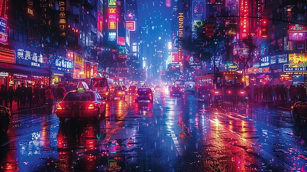 una scena notturna piovosa con macchine e un'auto che scende per la strada