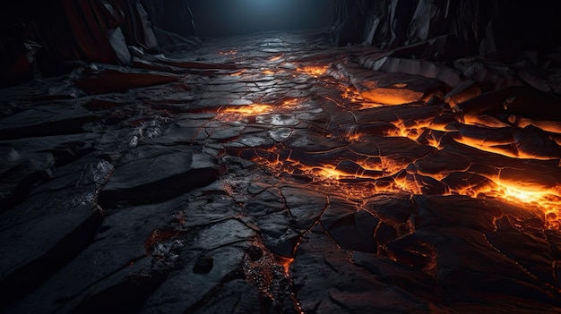 Una scena oscura con lava sul terreno e la parola lava sul fondo.