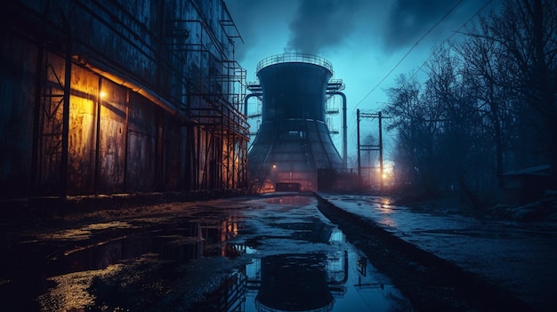 Una scena oscura e cupa di una fabbrica con un cielo blu scuro e acqua.