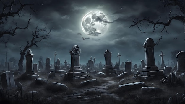 Una scena oscura e inquietante di un cimitero illuminato dalla luna con le mani di zombie che si cavano la strada fuori dal terreno