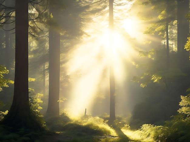 Una scena pacifica nella foresta con raggi di sole che filtrano attraverso gli alberi