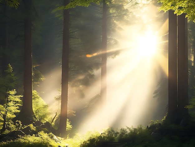 Una scena pacifica nella foresta con raggi di sole che filtrano attraverso gli alberi