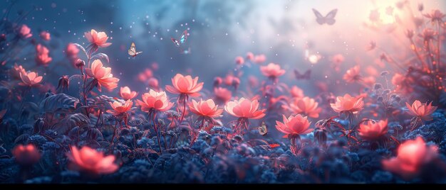 Una scena panoramica idilliaca e tranquilla con un giardino di fiori di favola con farfalle su un cielo notturno blu intenso stelle luminose e una luna luminosa questa è la scena della fantasia