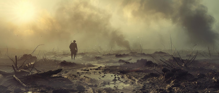 Foto una scena post-apocalittica inquietante con una figura solitaria in piedi in un paesaggio devastato all'alba