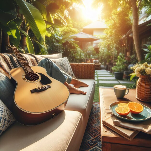 Una scena rilassante di una chitarra che riposa su un divano godendosi la luce del sole e il verde