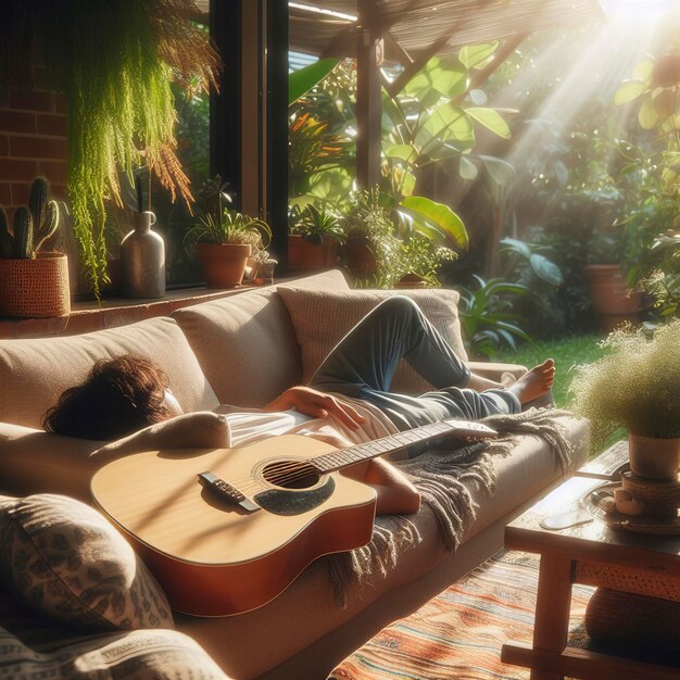 Una scena rilassante di una chitarra che riposa su un divano godendosi la luce del sole e il verde