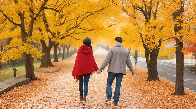 Una scena romantica di una coppia che cammina mano nella mano lungo un sentiero ricoperto da un manto colorato