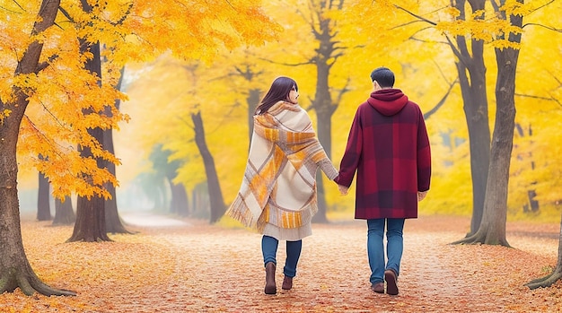 Una scena romantica di una coppia che cammina mano nella mano lungo un sentiero ricoperto da un manto colorato