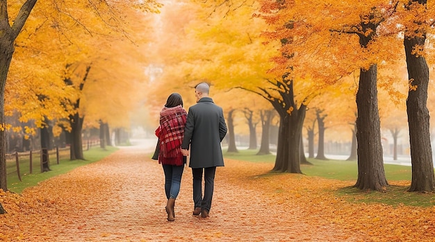 Una scena romantica di una coppia che cammina mano nella mano lungo un sentiero ricoperto da un manto colorato
