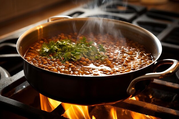 Una scena rustica di qualcuno che mescola una pentola di zuppa di lenticchie su un fuoco di campo