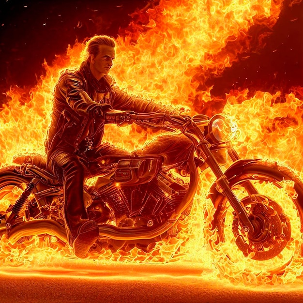 una scena sbalorditiva di Ghost Rider, l'antieroe spettrale a cavallo di una moto antincendio ardente