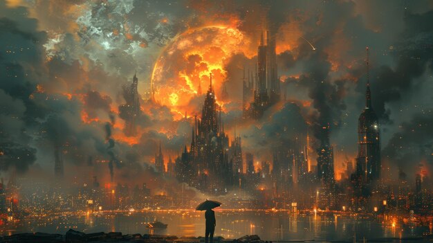 Una scena sci-fi che mostra un uomo con un ombrello magico che distrugge una città futuristica dipinta in uno stile d'arte digitale
