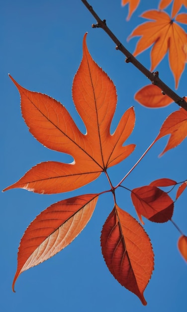 una scena serena d'autunno con una singola foglia contro un cielo blu chiaro