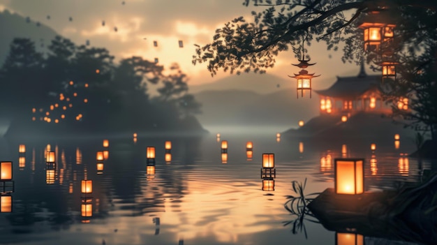 Una scena serena del lago al crepuscolo adornata da lanterne galleggianti che evocano tranquillità e riflessione