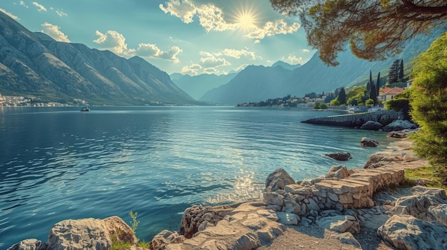 Una scena serena della baia di Kotor sotto un cielo parzialmente nuvoloso il sole proiettando luce macchiata sulla superficie delle acque Generativa AI