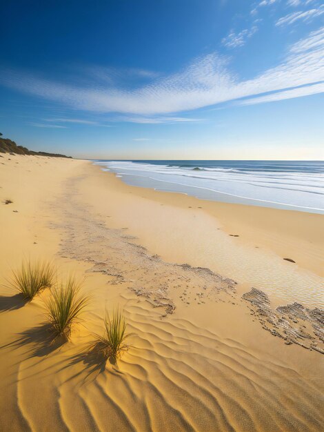 Una scena serena e invitante di una spiaggia di sabbia con sabbia dorata morbida e onde dolci