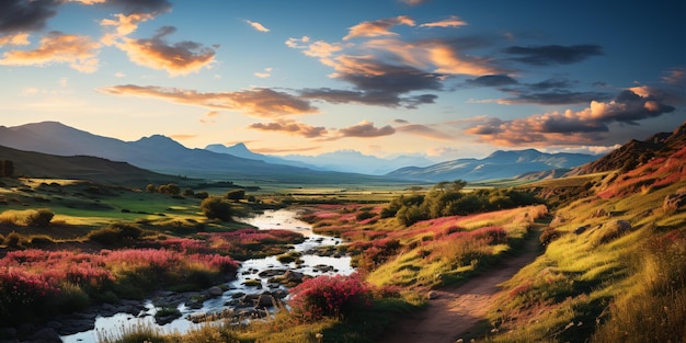 Una scena serena nella campagna colombiana dove le colline verdi si estendono fin dove l'occhio può vedere i fiori selvatici colorati punteggiano il paesaggio