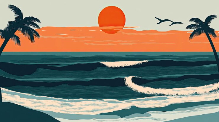 Foto una scena serena sulla spiaggia con le onde, le palme e un tramonto a colori vivaci.