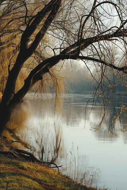 una scena serena vicino a un fiume dove le corde di Martisor sono legate ai rami degli alberi