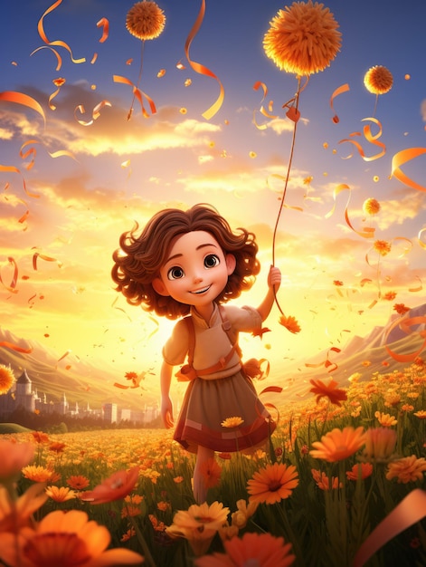 Una scena sognante e stravagante di una ragazza che fa volare un aquilone su una collina ricoperta di fiori che sbocciano