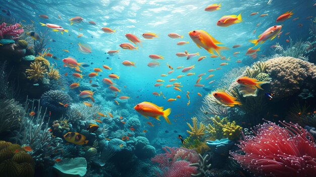 Una scena sottomarina che mostra una scuola di barriere coralline di pesci vibranti e la vita marina che illustra la diversità e la grazia della fauna selvatica negli habitat oceanici AI Generative