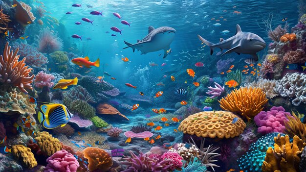 Una scena sottomarina che mostra una scuola di vibranti barriere coralline di pesci e vita marina che illustra la diversità e la grazia della fauna selvatica negli habitat oceanici Creata utilizzando Vibrant AI Generative