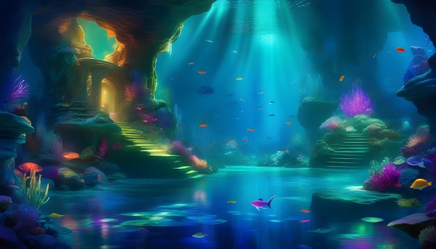 Una scena sottomarina con pesci colorati e luci scintillanti
