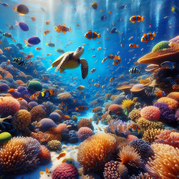 Una scena sottomarina piena di coralli colorati, pesci pagliacci occupati e una gentile tartaruga marina