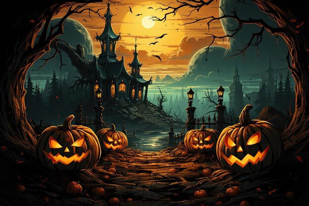 Una scena spettrale di una spaventosa notte di Halloween con zucche e zucche.