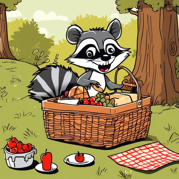 Una scena stravagante del cartone animato di un procione dispettoso che saccheggia un cestino da picnic