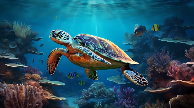 Una scena subacquea con una tartaruga marina che nuota lentamente tra le barriere coralline
