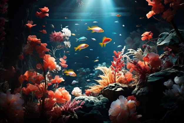 Una scena subacquea di coralli e pesci vari