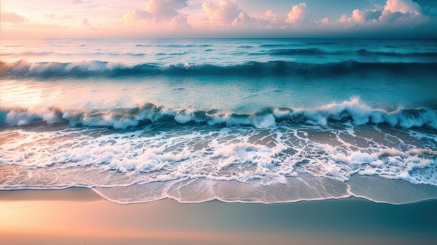 Una scena sulla spiaggia con le onde e il sole che splende su di essa.