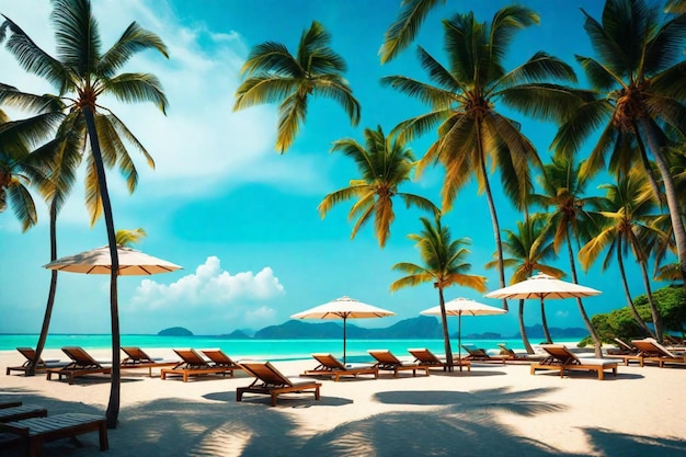 una scena sulla spiaggia con palme e un ombrello da spiaggia