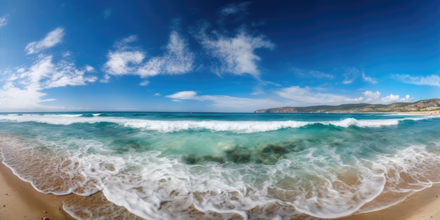 Una scena sulla spiaggia con un cielo blu e onde e un uomo in costume da bagno